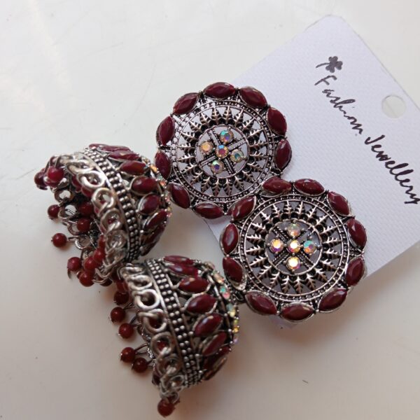 Premium Maroon Oxidised Designer Jhumka Earrings Maroon Oxidised Jhumka Earrings for Women Front View