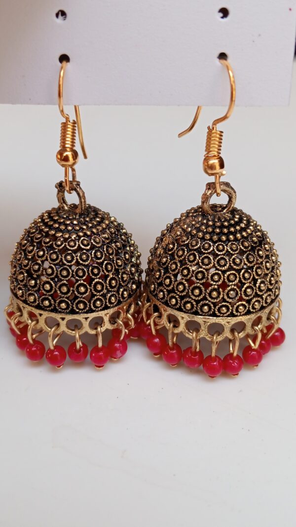 Designer Traditional Gold Jhumka Earrings with Red Beads