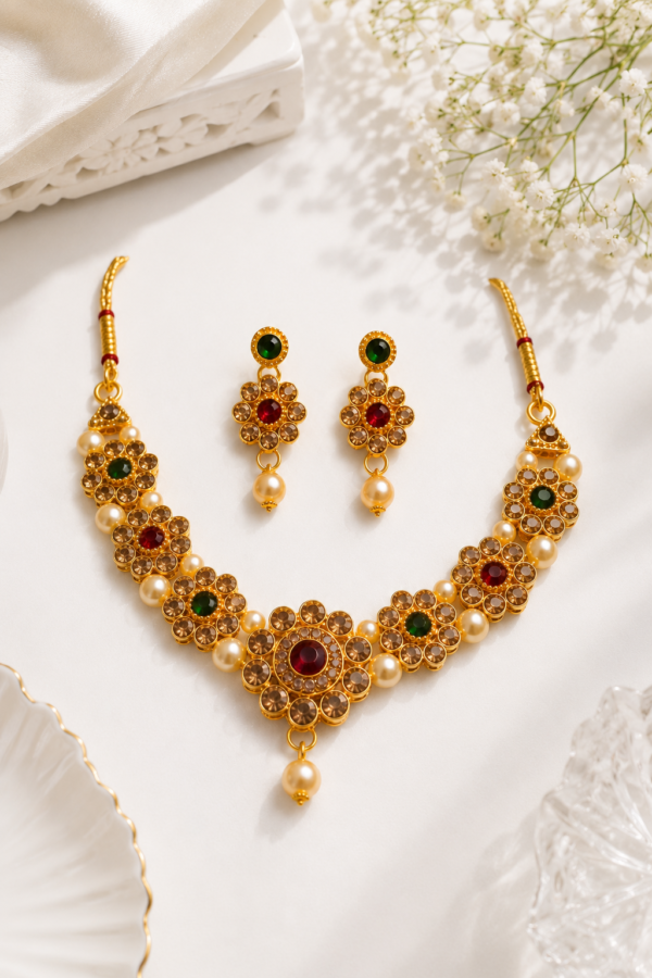 Floral Stone Necklace Set for Women Gold Finish Artificial Jewellery