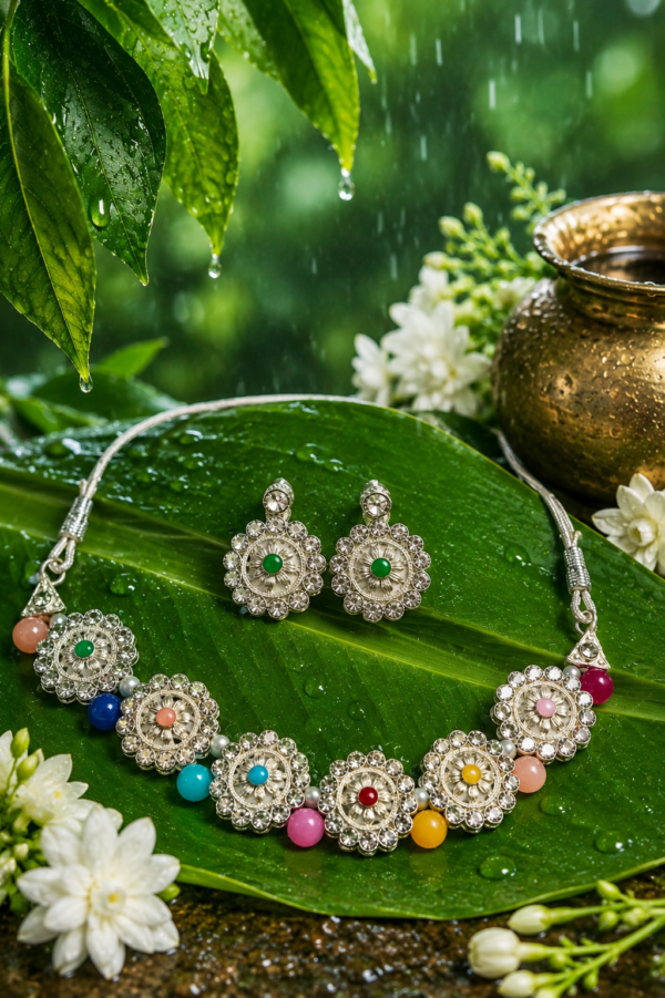 Women's Floral Party Wear Necklace Set with Colourful Stones