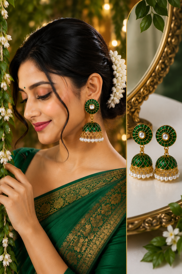 Hariyali Teej Traditional Green Earrings Hariyali Teej Green Pearl Jhumka Earrings for Women