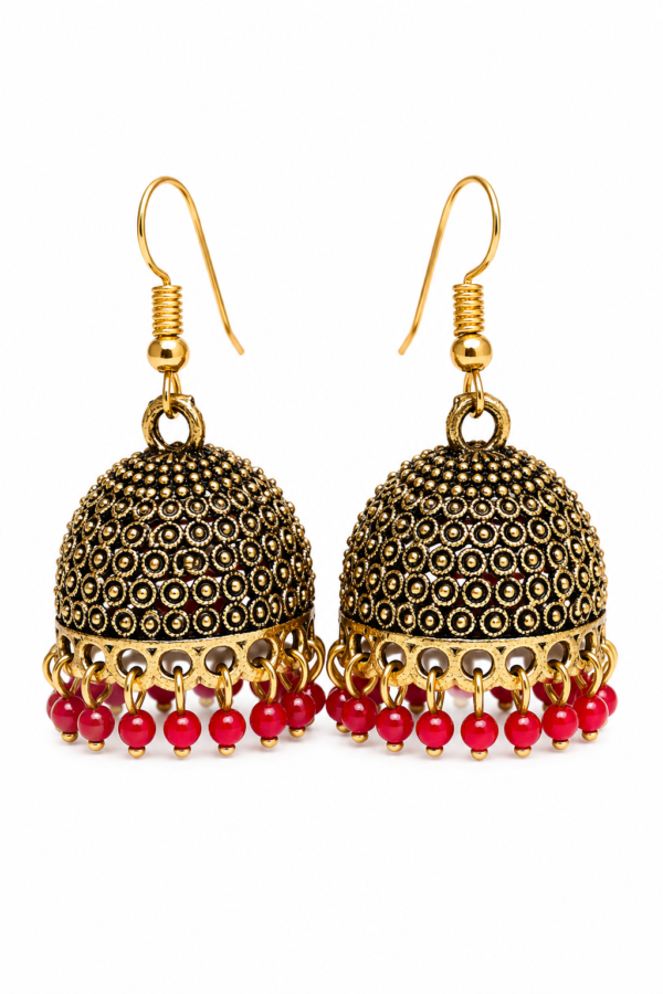 Antique Gold Jhumka Earrings with Red Beads – Premium Traditional Ethnic Earrings | SHINE GEHNA