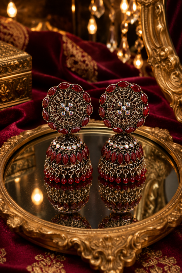 Traditional Dome Jhumka Earrings with Red Stone Design