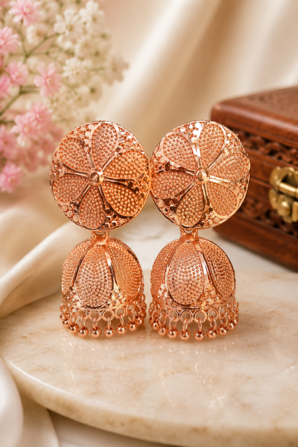 Rose Gold Traditional Jhumka Earrings Traditional Rose Gold Party Wear Jhumka Earrings