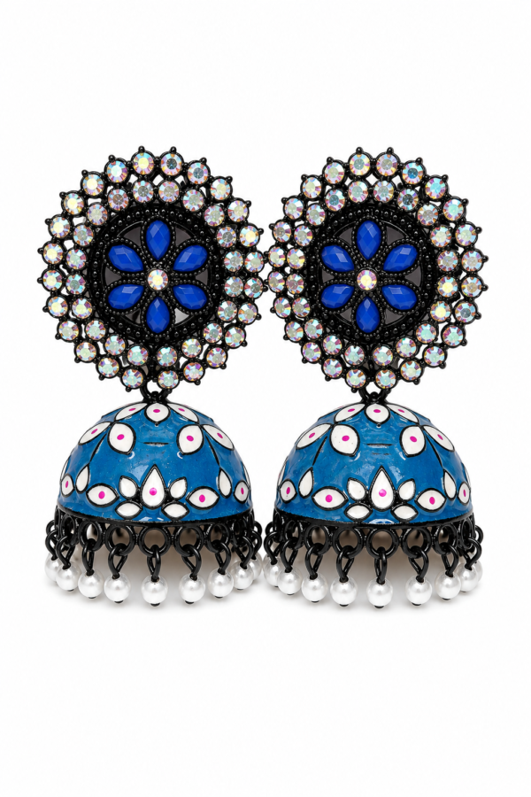 Premium Blue Oxidised Crystal Jhumka Earrings for Women