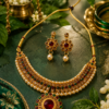 Green and Red Stone Pendant Necklace Set for Sawan Festival