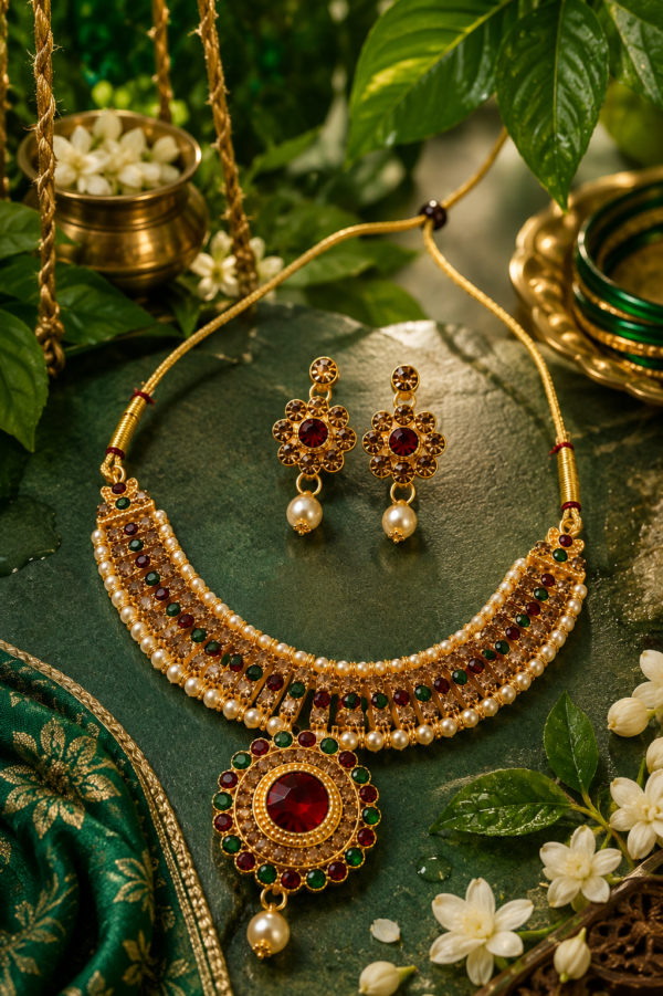 Green and Red Stone Pendant Necklace Set for Sawan Festival