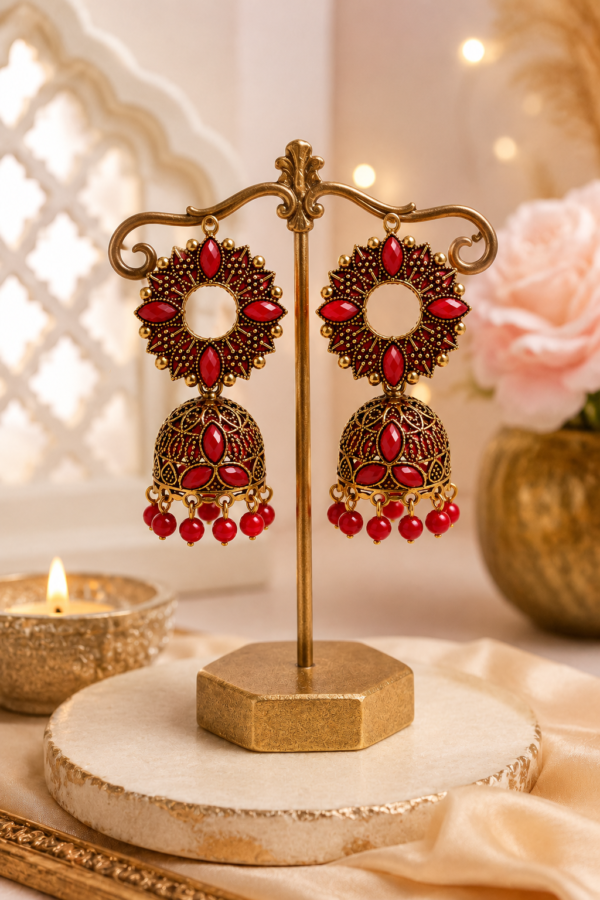 Designer Red Stone Traditional Jhumka Earrings