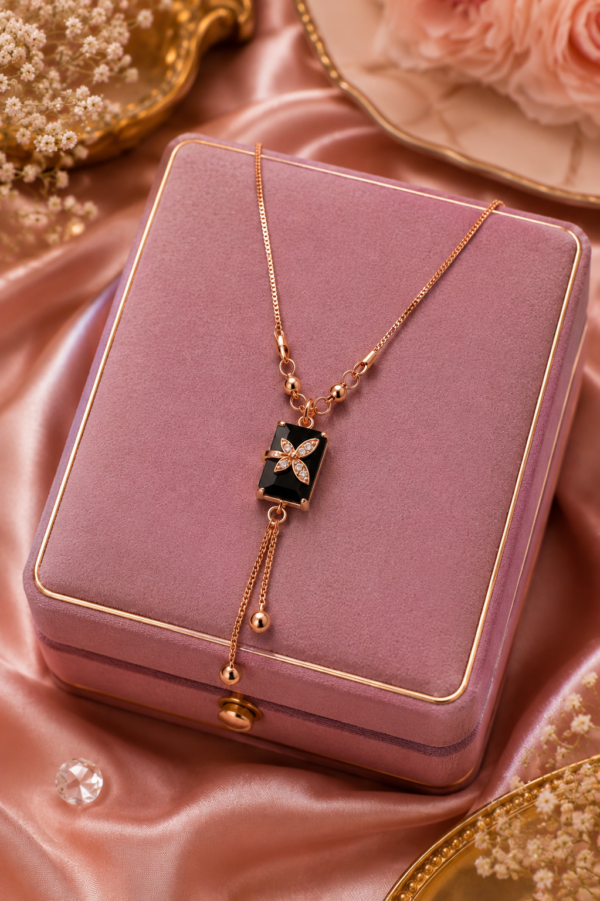 Rose Gold AD Pendant Necklace with Black Stone Design