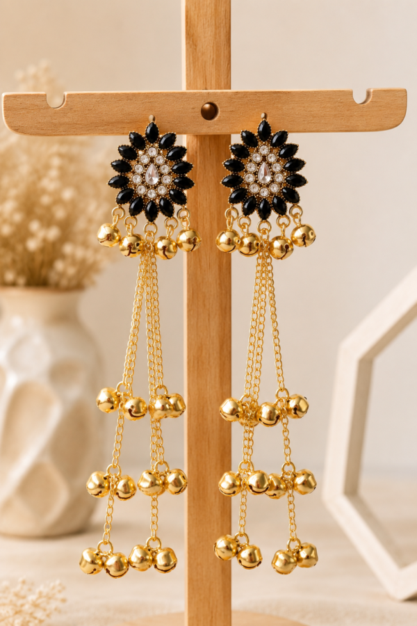 Black Floral Kashmiri Style Long Drop Earrings for Women