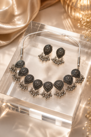 Silver Finish Floral Necklace Set Front View Silver Finish Oxidised Floral Necklace Set with Matching Earrings