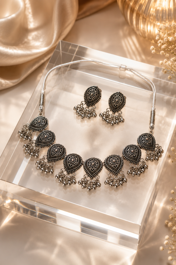 Silver Finish Oxidised Floral Necklace Set with Matching Earrings