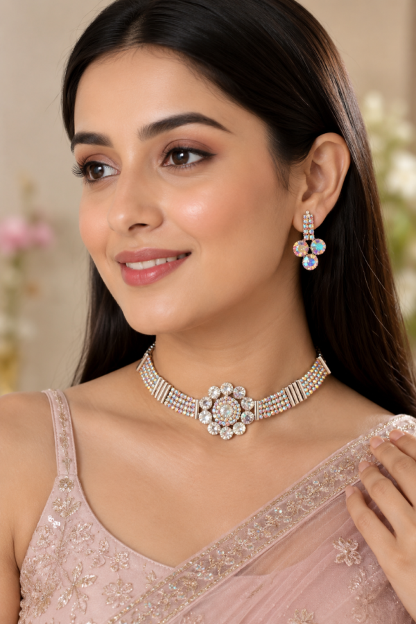 Stone Studded Pendant Necklace With Matching Earrings Jewellery