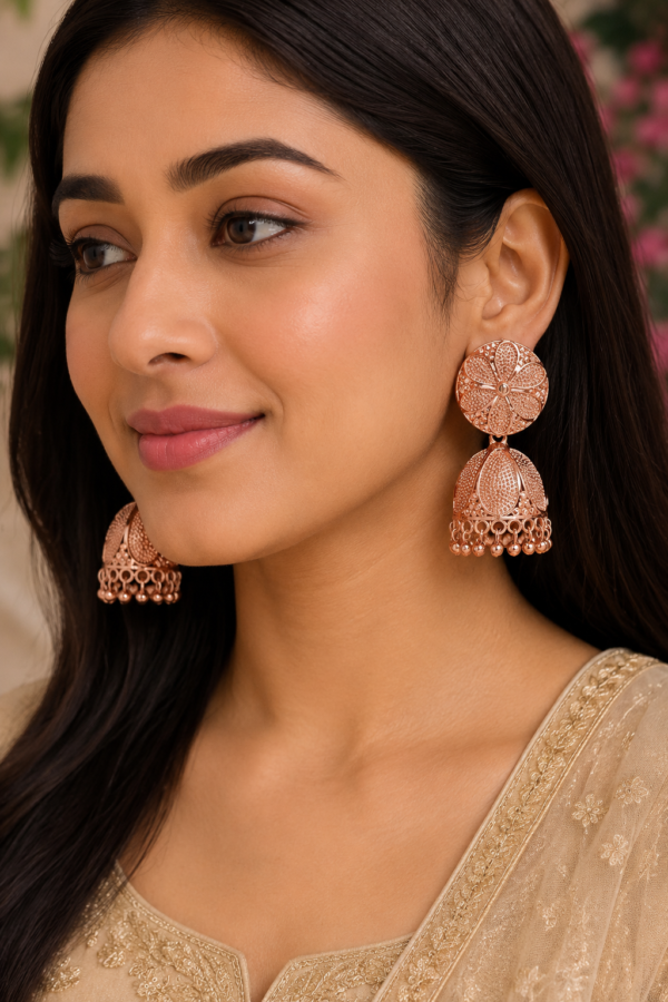 Elegant Rose Gold Floral Jhumka Earrings Rose Gold Floral Jhumka Earrings for Women Designer Jewellery