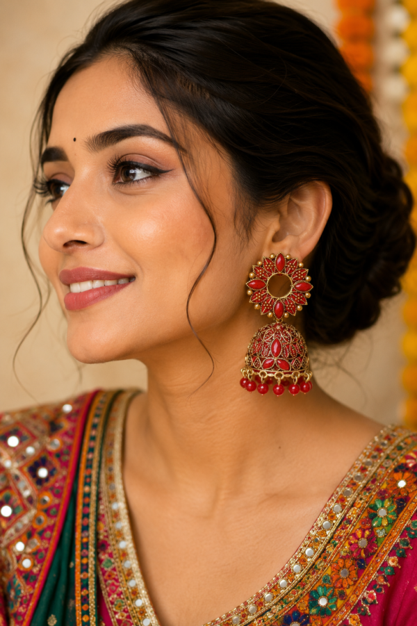 Party Wear Red Stone Jhumka Earrings