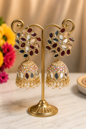 Mirror Work Jhumka Earrings Premium Gold Pearl Traditional Earrings