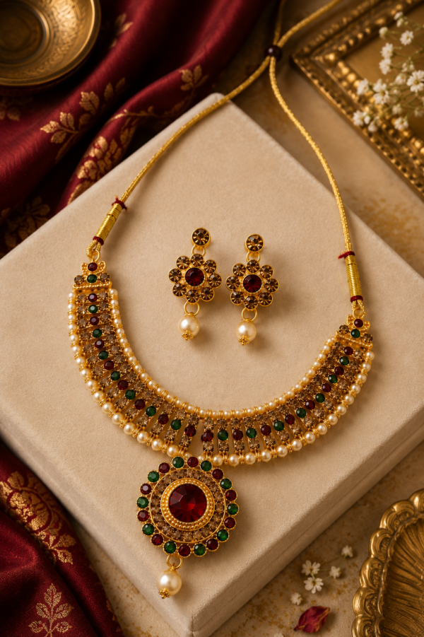 Traditional Green Stone Festival Necklace Set for Women