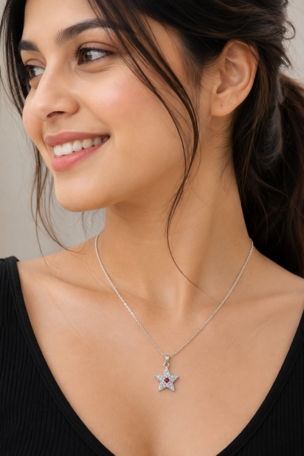 Silver Star Pendant Necklace for Women with Crystal Red Stone