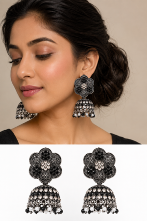 Floral Oxidised Pearl Jhumkas Floral oxidised earrings with pearl drops for women