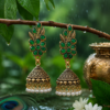 Sawan Special Green Leaf Jhumka Earrings Front View Sawan Special Green Leaf Jhumka Earrings with Pearl Drops