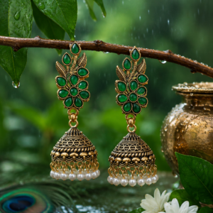Sawan Special Green Leaf Jhumka Earrings with Pearl Drops