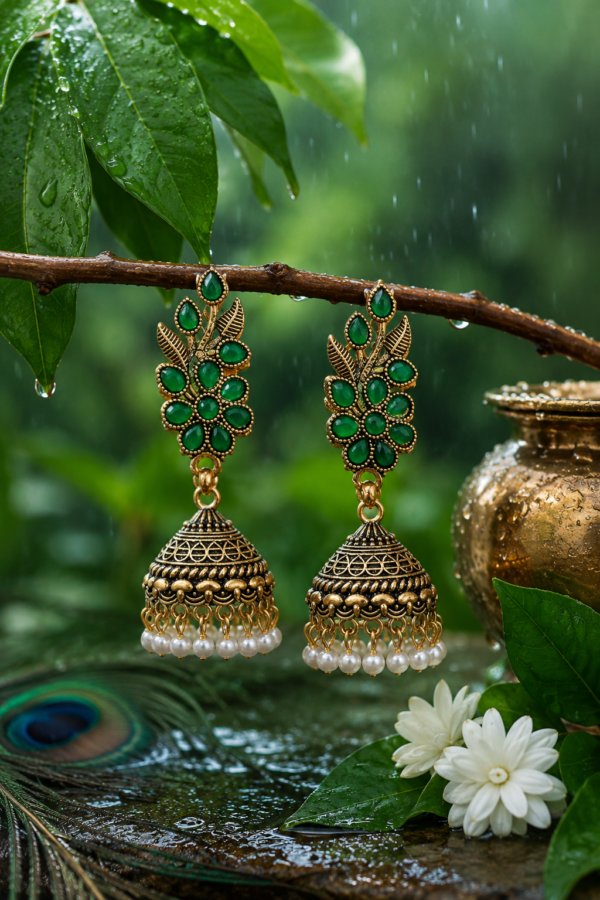 Sawan Special Green Leaf Jhumka Earrings Front View Sawan Special Green Leaf Jhumka Earrings with Pearl Drops