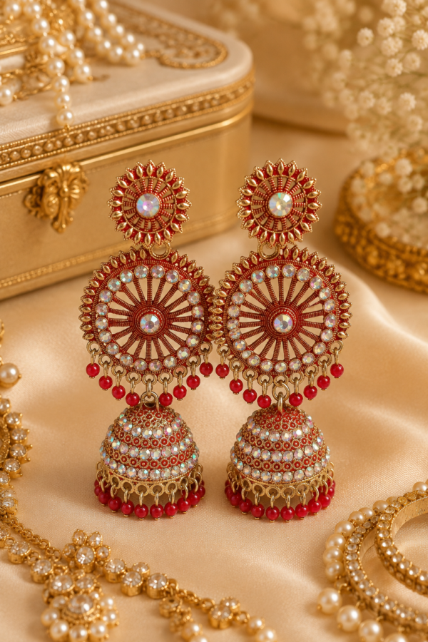 Antique Gold Red Stone Jhumka Earrings | SHINE GEHNA Antique Gold Red Stone Jhumka Earrings for Women with Kundan Work