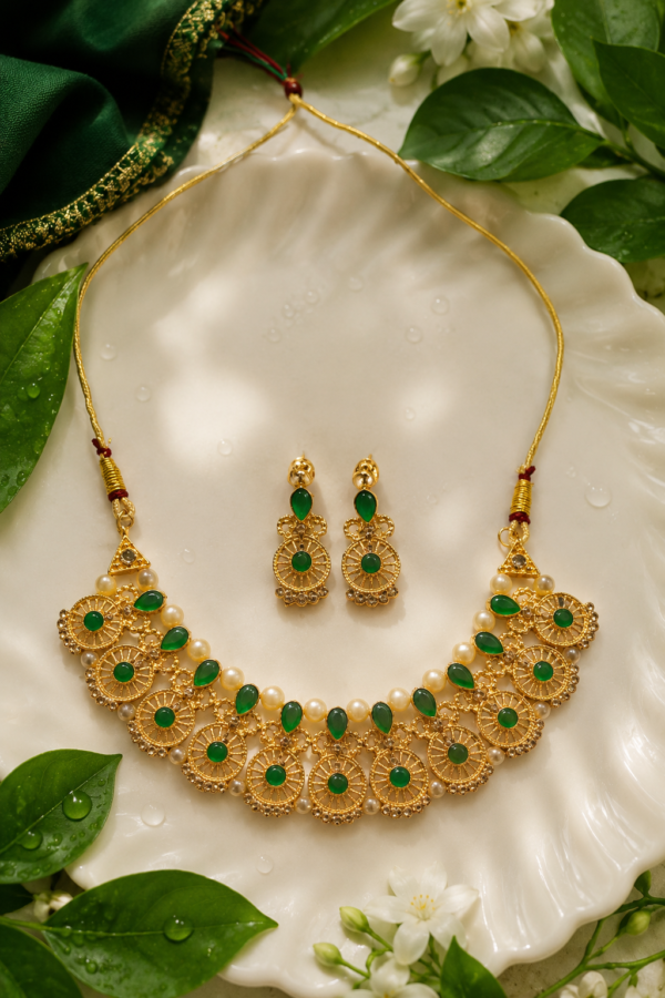 Designer Gold Finish Necklace Set Designer Green Stone Gold Finish Necklace Set with Earrings