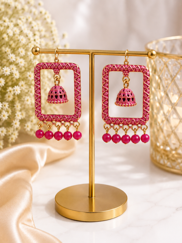 Premium Pink Rectangle Jhumka Earrings Pink Rectangle Jhumka Earrings for Women Designer Artificial Jewellery