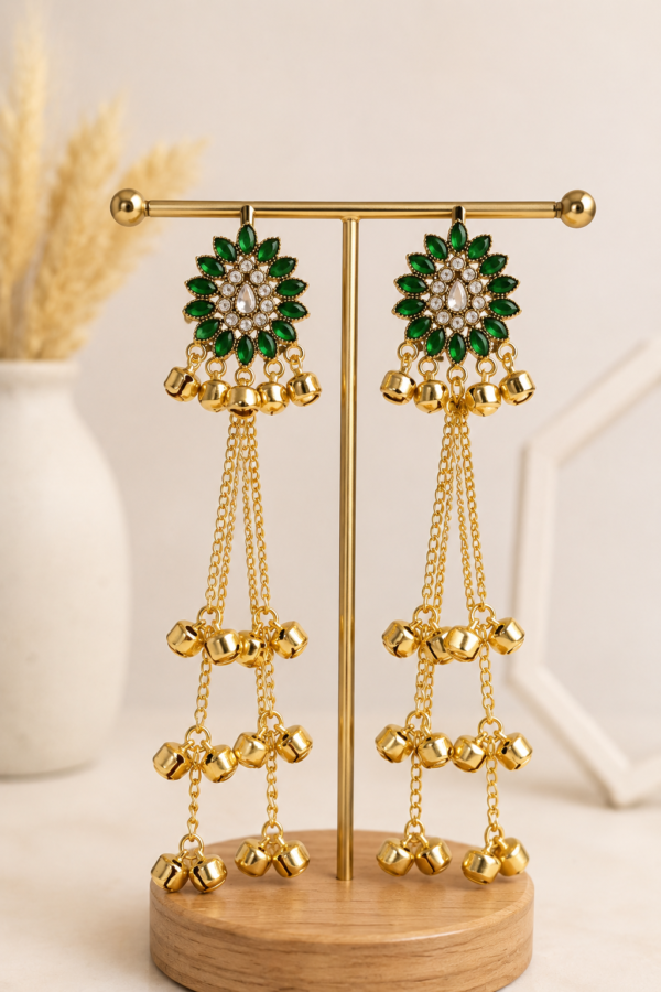 Green Kashmiri Style Earrings for Women with Long Chain Ghungroo