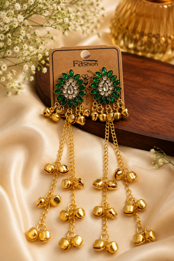 Green Floral Kashmiri Style Long Drop Earrings for Women