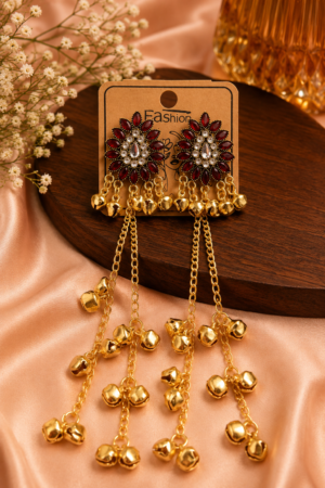 Maroon Kashmiri Style Earrings for Women with Long Chain Ghungroo
