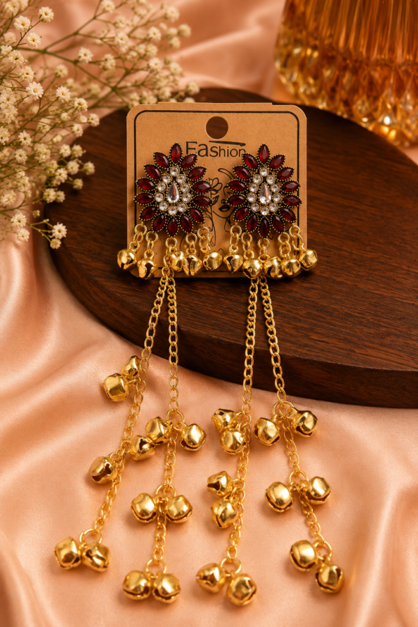 Maroon Kashmiri Style Earrings for Women with Long Chain Ghungroo