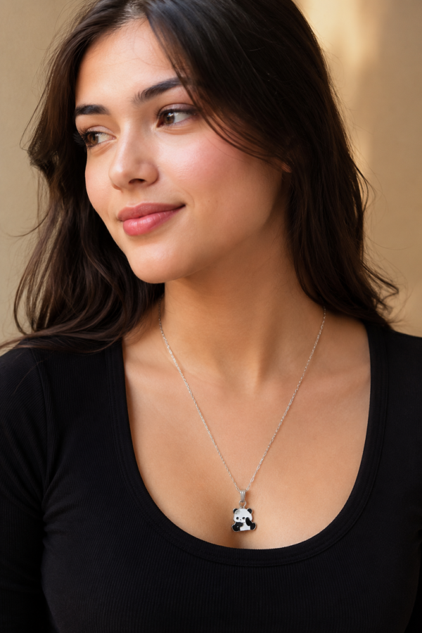 Panda Pendant Necklace for Women on Model | Silver Finish Jewellery Panda Pendant Necklace for Women Model Wearing Silver Finish Designer Jewellery