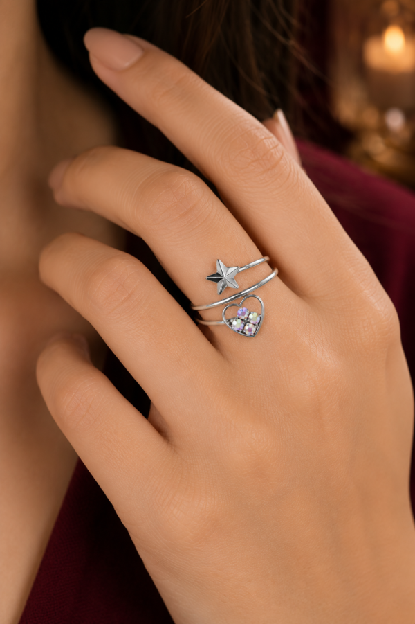 Silver crystal heart star ring for women