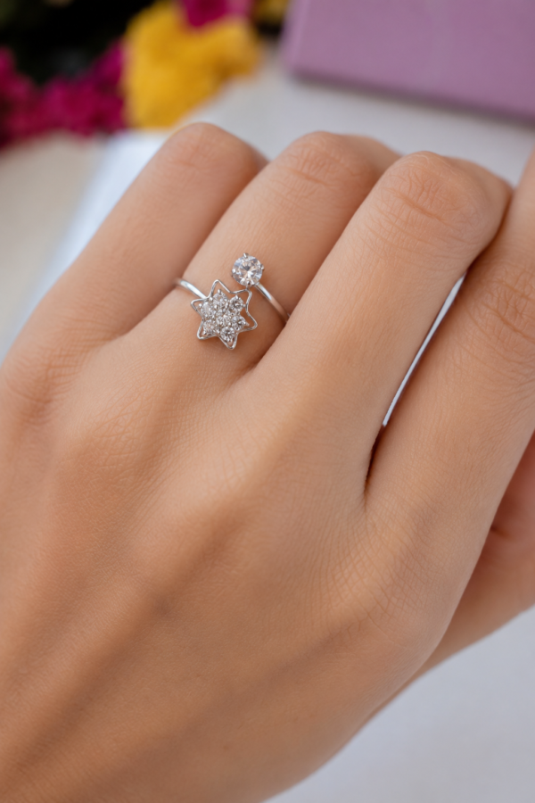 Adjustable silver crystal ring for women