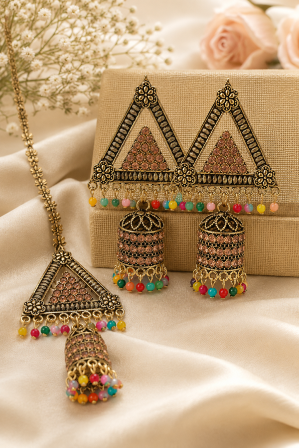 Antique Triangle Jhumka Earrings with Mang Tikka Set for Women