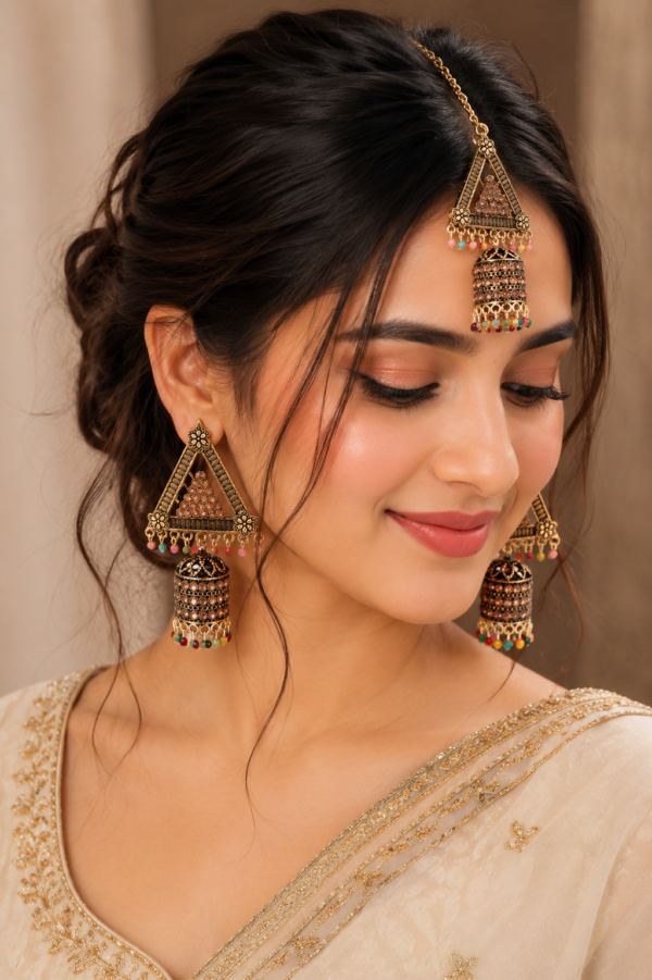 Bridal Antique Gold Jhumka Earrings with Mang Tikka