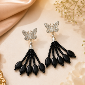 Black butterfly beaded drop earrings with cascading black beads