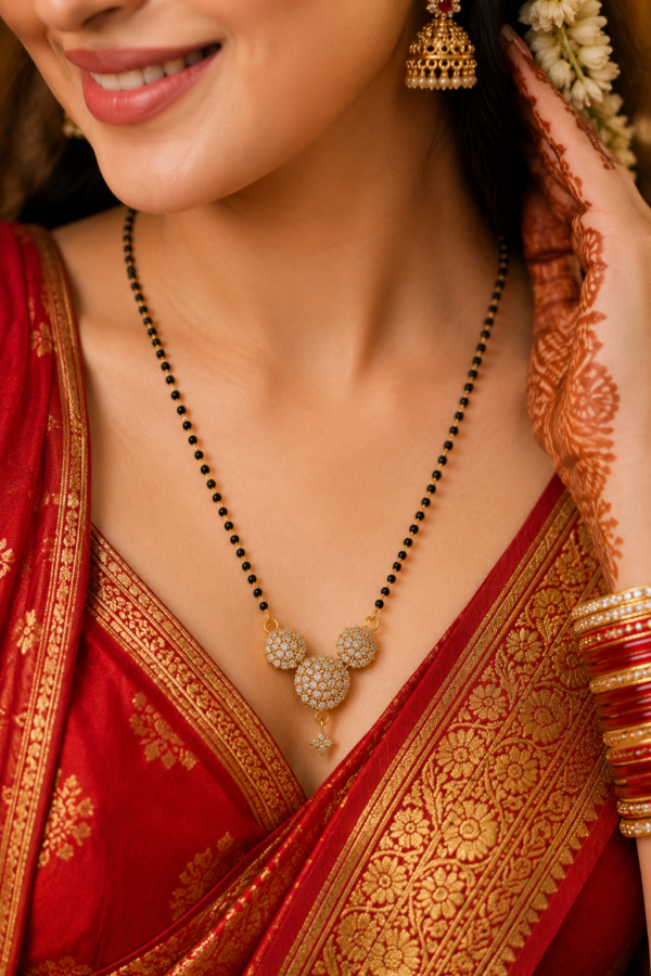 Premium Artificial AD Mangalsutra Premium artificial AD mangalsutra with black beads and floral pendant