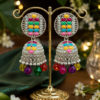 Silver tone designer jhumka earrings with colourful hanging elements