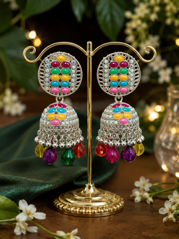 Silver tone designer jhumka earrings with colourful hanging elements