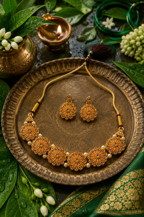 Traditional Floral Necklace Set for Women Traditional floral necklace set with pearl-like bead accents for women
