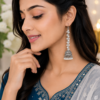 Silver Tone Pearl Jhumka Design Silver tone jhumka earrings with pearl-style hanging beads