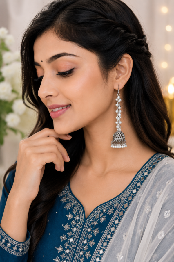 Silver Tone Pearl Jhumka Design Silver tone jhumka earrings with pearl-style hanging beads
