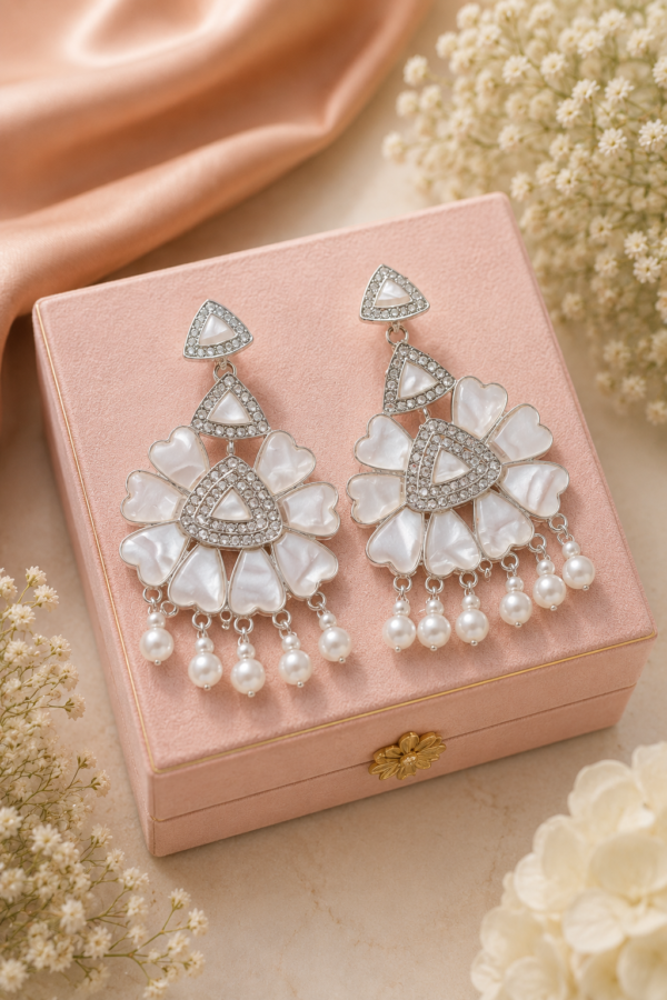 Designer Floral Pearl Drop Earrings Designer floral earrings with white petal detailing and pearl drops