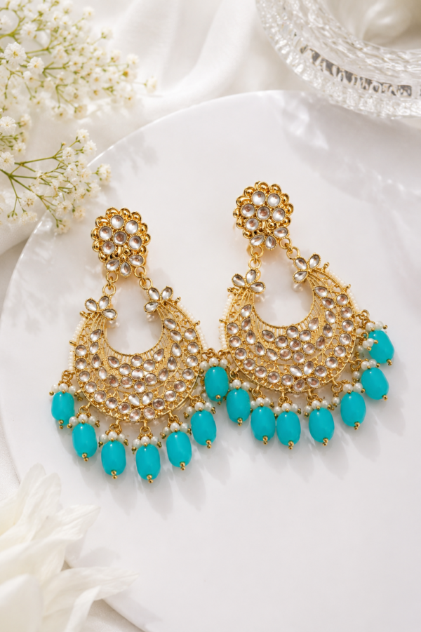 Designer Chandbali Earrings with turquoise and pearl-like beads