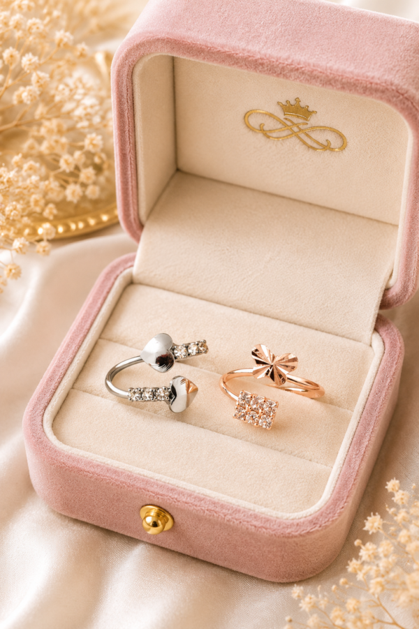Silver and Rose Gold Adjustable Ring Set Silver tone open ring and rose gold floral adjustable ring set