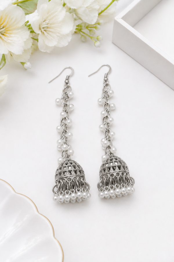 Long Pearl Jhumka Earrings for Women Long pearl jhumka earrings with detailed traditional dome design