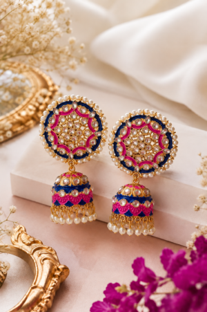 Blue Pink Jhumka Earrings for Women Blue pink jhumka earrings for women with pearl-like border